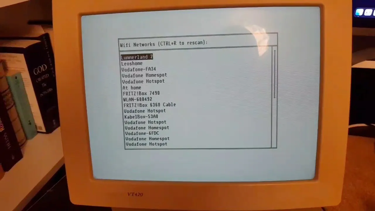 A VT420 terminal showing a list of WiFi networks.