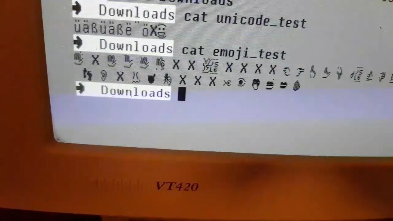 A VT420 terminal showing the output of an emoji file, emojis are truncated.